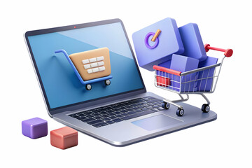 Flat Floating Laptop with Glowing Holographic Shopping Cart and Cyber Monday Sale Banner - Modern Tech Shopping Theme Design