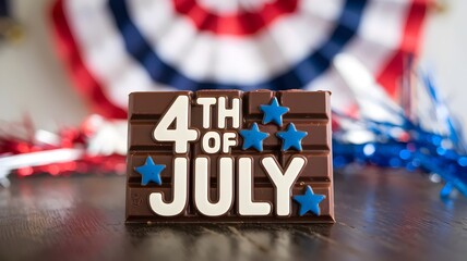 Chocolate bar with "4th of July" text on a wooden table