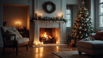 Cozy christmas scene with decorations, a warming fireplace and a christmas tree, Happy christmas, full of seasons greetings