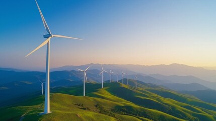 Epic landscape with wind turbines on hills against misty mountains and fading sunset. Renewable energy and nature's beauty