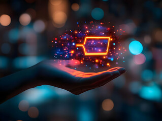 Flat Macro Illustration: Hand Holding Glowing Holographic Sale Icon for Cyber Monday Discounts - Futuristic Design Focused on Vibrant Glow