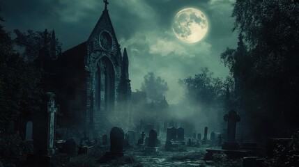 Obraz premium A dilapidated graveyard under a full moon, with tall shadows that seem to move in the dark, mist rising from the ground.
