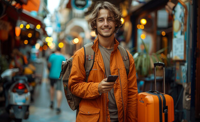 Fototapeta premium Traveler enjoys sunny market day. A young man stands in a vibrant market, smiling while holding his phone, with a suitcase beside him and shoppers in the background.