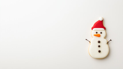 snowman with hat, a snowman shaped iced sugar cookie on a white background, wearing red hat, handmande cookie