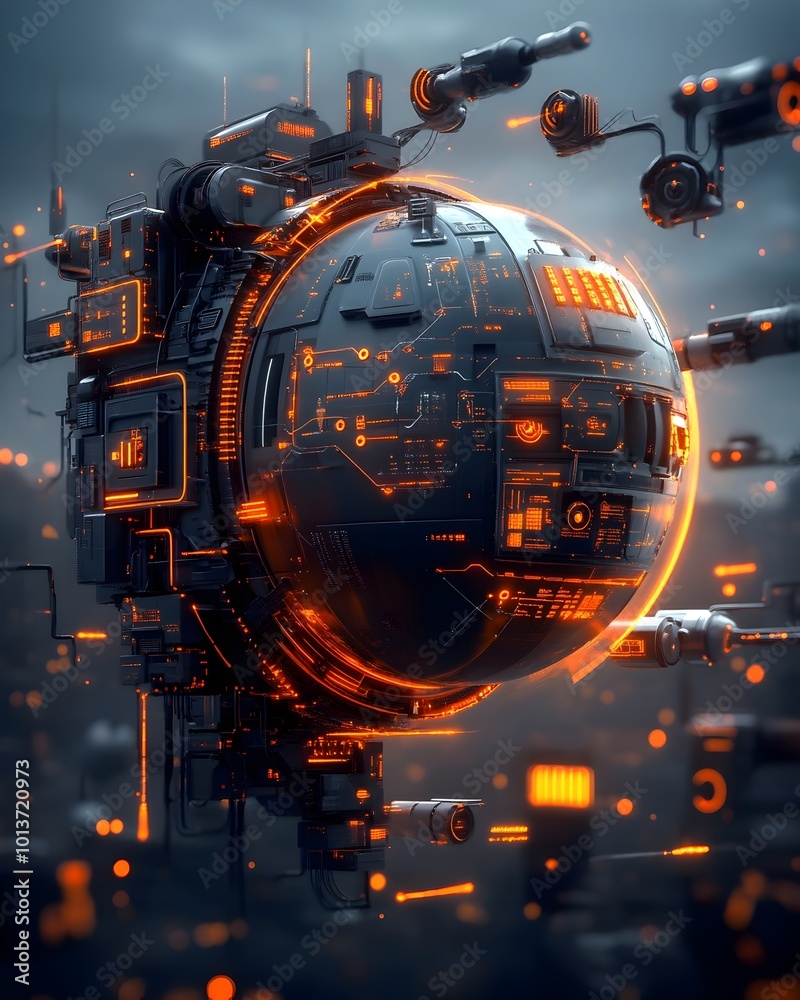 Poster secure futuristic techno sphere representing global data security floating above a vivid techno scap