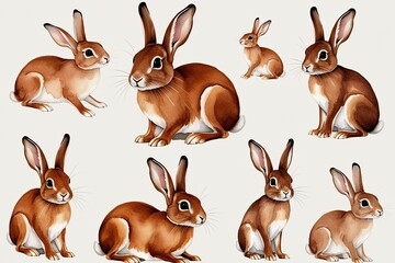 Fototapeta premium Charming Watercolor Illustrations of Curious Tan Rabbits on Soft White Canvas