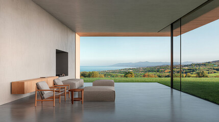 Modern living room with panoramic view of ocean and mountains in bright afternoon light