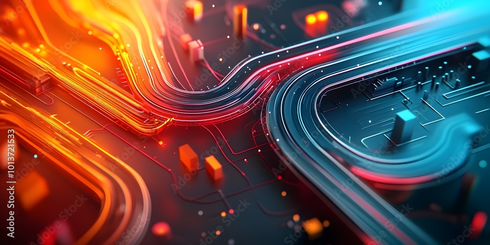 Poster avant garde abstract composition depicting the interconnected pathways of a technologically advanced