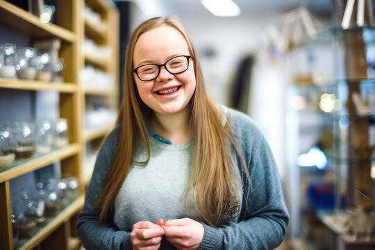Young woman with Down syndrome working in small housewares store, looking joyful and smiling. Happy woman with intellectual disability working as saleswoman, sales assistant - Powered by Adobe