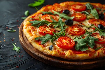 Fresh Italian Pizza with Tomatoes, Olives, and Arugula on a Rustic Wooden Board
