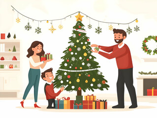 Flat Candid Family Decorating Christmas Tree at Home: Cozy Winter Holiday Scene with Laughter, Family Traditions, and Decorative Joy