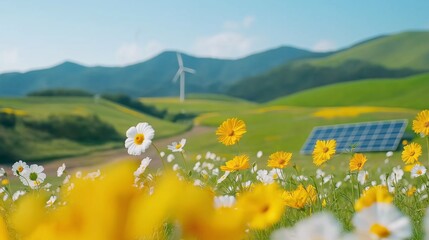 Fototapeta premium Close-up of daisies against epic green hills, mountains, and forests with solar panels and wind turbines. Nature and sustainability