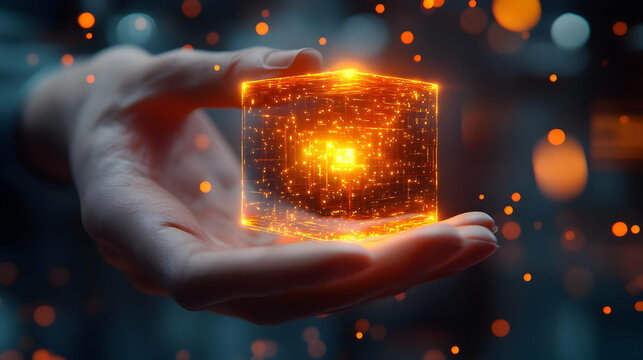 3D Macro Close-Up of Hand Holding Glowing Holographic Sale Icon for Cyber Monday Discounts on Isolated White Background