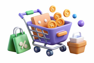 Glowing Abstract Shopping Cart Surrounded by Floating Discount Elements for Cyber Monday Ecommerce Deals - Radiant Digital Art Illustration