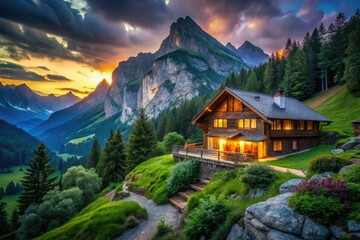 A charming residence set against stunning mountain ranges, embraced by lush foliage and expansive skies, offering a tranquil escape amidst nature's splendor.