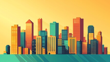 Obraz premium Vibrant city skyline with colorful buildings under a warm sunset sky.