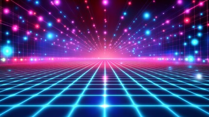 Neon Grid Background: Retro-inspired neon grid pattern on a dark background, evoking 80s synthwave...