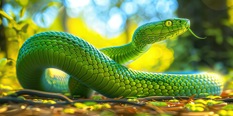 Obraz premium A slithering green snake sliding across the forest floor, its scales catching hints of blue sky and yellow sunlight.