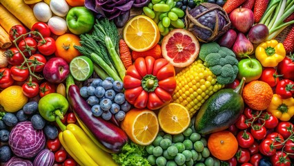 A colorful collection of vibrant fruits and vegetables arranged creatively to showcase health and wellness, enticingly illustrating natureâ€™s bounty with a delightful array of colors.