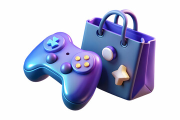 3D Floating Gaming Controller with Holographic Sale Icon and Shopping Bag Concept for Cyber Monday Tech Deals - Glossy Design