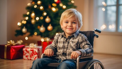 cute adorable blonde boy sitting on a wheelchair and holding Christmas gift box at home next to the Christmas tree