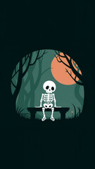 Skeleton is sitting on a bench in a forest