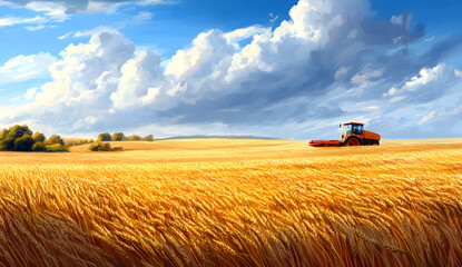 Fototapeta premium Sunset Wheat Harvesting with Combine Harvester in Golden Field design, Summer Agriculture Scene, Rural Farm Landscape design