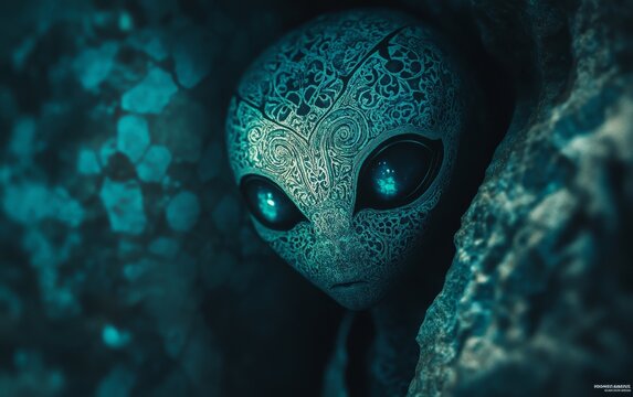 A mysterious alien figure with intricate patterns peering from a rocky crevice, evoking curiosity about extraterrestrial life.