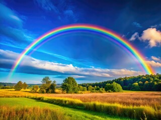 Obraz premium A kaleidoscope of rainbow colors arcs gracefully over a calm blue sky, blending harmoniously with the tranquil landscape and creating a breathtaking natural panorama.