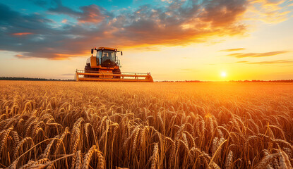 Fototapeta premium Sunset Wheat Harvesting with Combine Harvester in Golden Field design, Summer Agriculture Scene, Rural Farm Landscape design