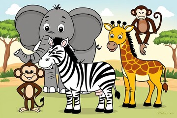 Naklejka premium Adorable African Cartoon Animals Coloring Pages for Kids Featuring Elephant Zebra Giraffe Monkey and Gazelle