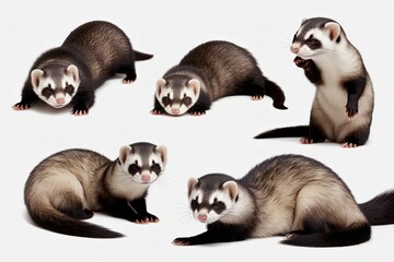 Isolated Ferret Collection Capturing Playful Moments of Sleeping Running and Resting on White Background