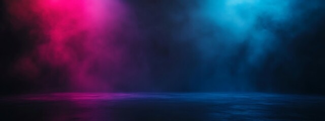 Dark background with pink and blue neon lights and smoke.