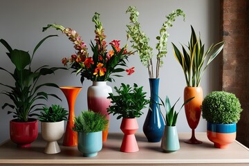 Fototapeta premium Stylish Retro and Modern Vases Combined with Colorful Potted Plants for an Elegant Home Decor Arrangement