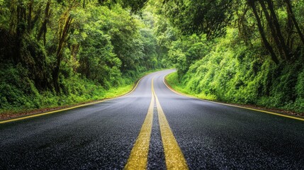 Obraz premium A scenic road through a green forest, representing the push for sustainable travel and its role in preserving natural landscapes.