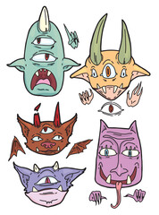 color vector set of drawn different funny monster faces