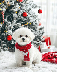 Adorable Bichon Frize in festive scarf poses by a decorated Christmas tree with fluffy snow