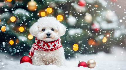 Adorable Bichon Frize poses in festive scarf by Christmas tree with dog bone ornaments