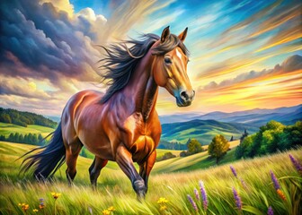Obraz premium An exquisite illustration capturing a glorious horse in a lively, natural environment, featuring striking colors that highlight the beauty and elegance of its majestic presence.