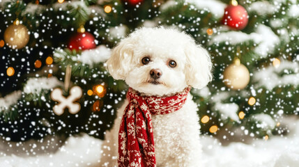 Adorable Bichon Frize poses with a festive scarf by a decorated Christmas tree with snow