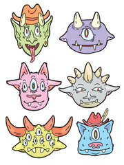 color vector set of drawn different funny monster faces