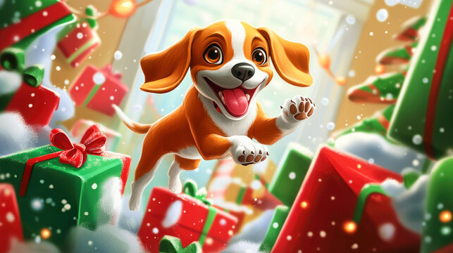 A beagle joyfully leaps into a festive pile of Christmas presents on a wintry day