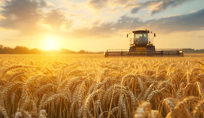Obraz premium Sunset Wheat Harvesting with Combine Harvester in Golden Field design, Summer Agriculture Scene, Rural Farm Landscape design
