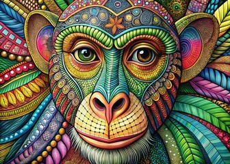 Fototapeta premium A playful monkey zentangle design infused with detailed abstract patterns, sparking creativity and artistic motivation, perfect for imaginative expression and artistic endeavors to explore.