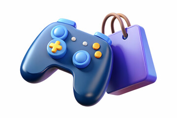 Flat Floating Gaming Controller with Holographic Sale Icon and Shopping Bag for Cyber Monday Tech Deals - Glossy Vector Design