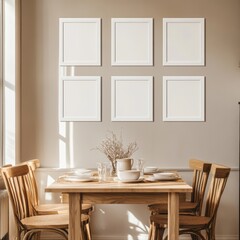 Fototapeta premium A dining area illuminated by sunlight, with a wooden table, and neatly lined empty frames on a beige wall providing warmth.