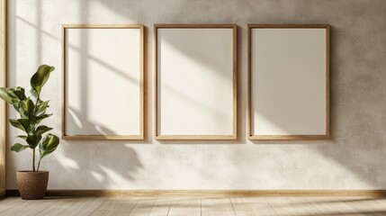 Fototapeta premium Three wooden frames cast shadow patterns on a light wall, accompanied by minimalist plant decor in this stylish room setup.