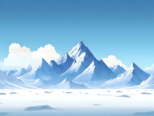 Obraz premium Flat Plain Snowy Mountain Range Illustration: Majestic Winter Landscape with Clear Blue Sky, Distant Clouds, and Ample Copy Space for Smart Business Applications