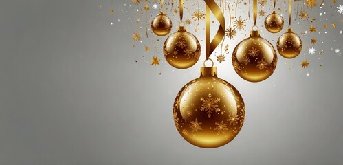 Obraz premium Golden Christmas balls light white background. Festive xmas decoration gold glass christmas balls and glossy snowflake, stars, hanging on the ribbon
