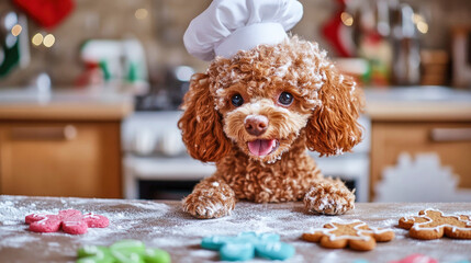 Poodle dog joyfully baking gingerbread cookies in a festive kitchen during the holiday season